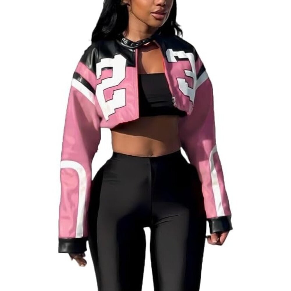🆕Womens Pink VOIKERDR Faux Leather Cropped Motorcycle Bomber Y2K Street Jacket